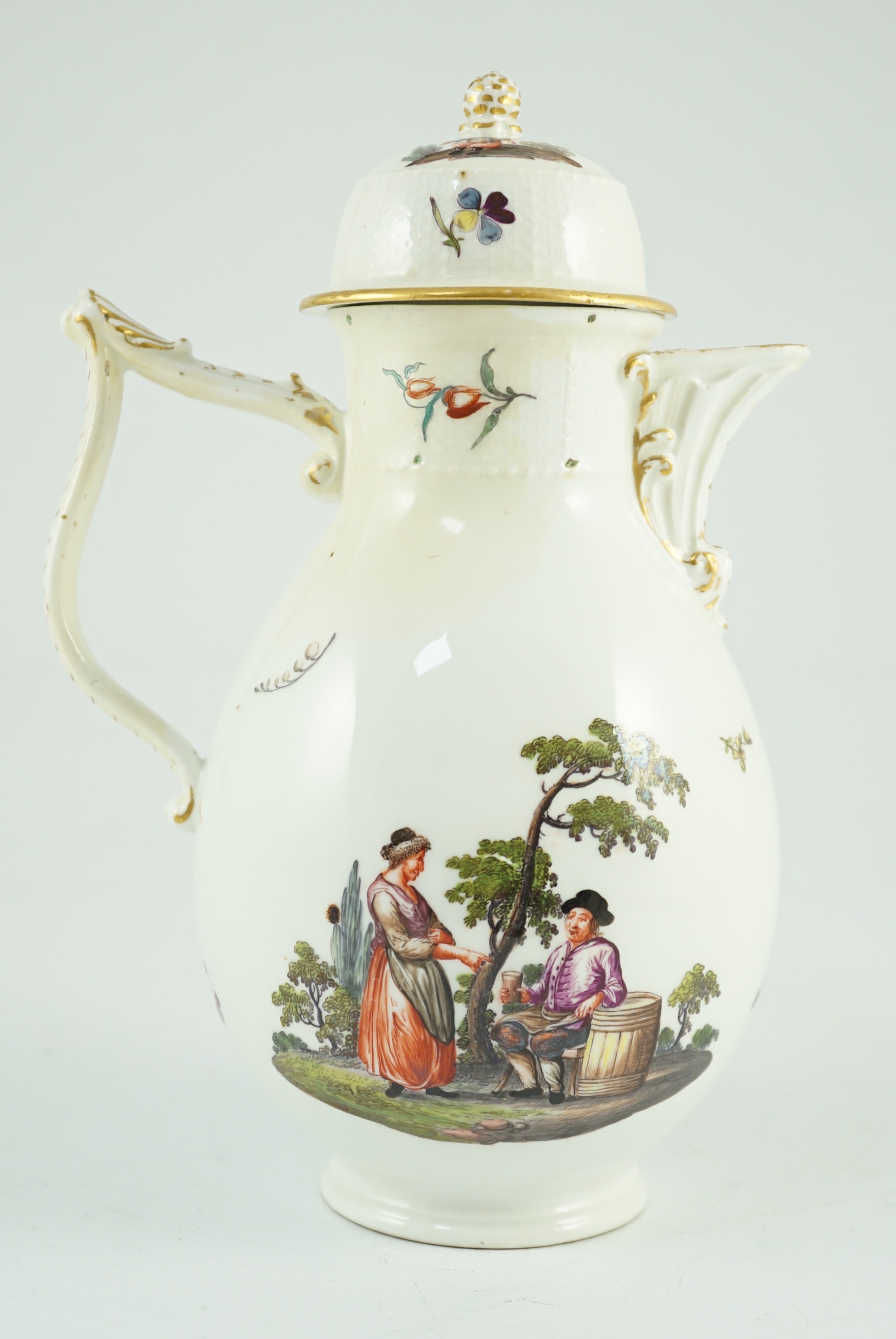 A Meissen coffee pot and cover, c.1760, 23cm high, discoloured restoration